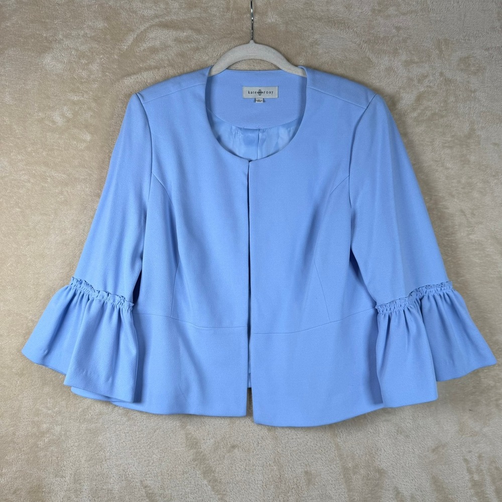 Kate & Rosy Womens Blue Ruffle Bell Sleeve Open Front Blazer Jacket Medium